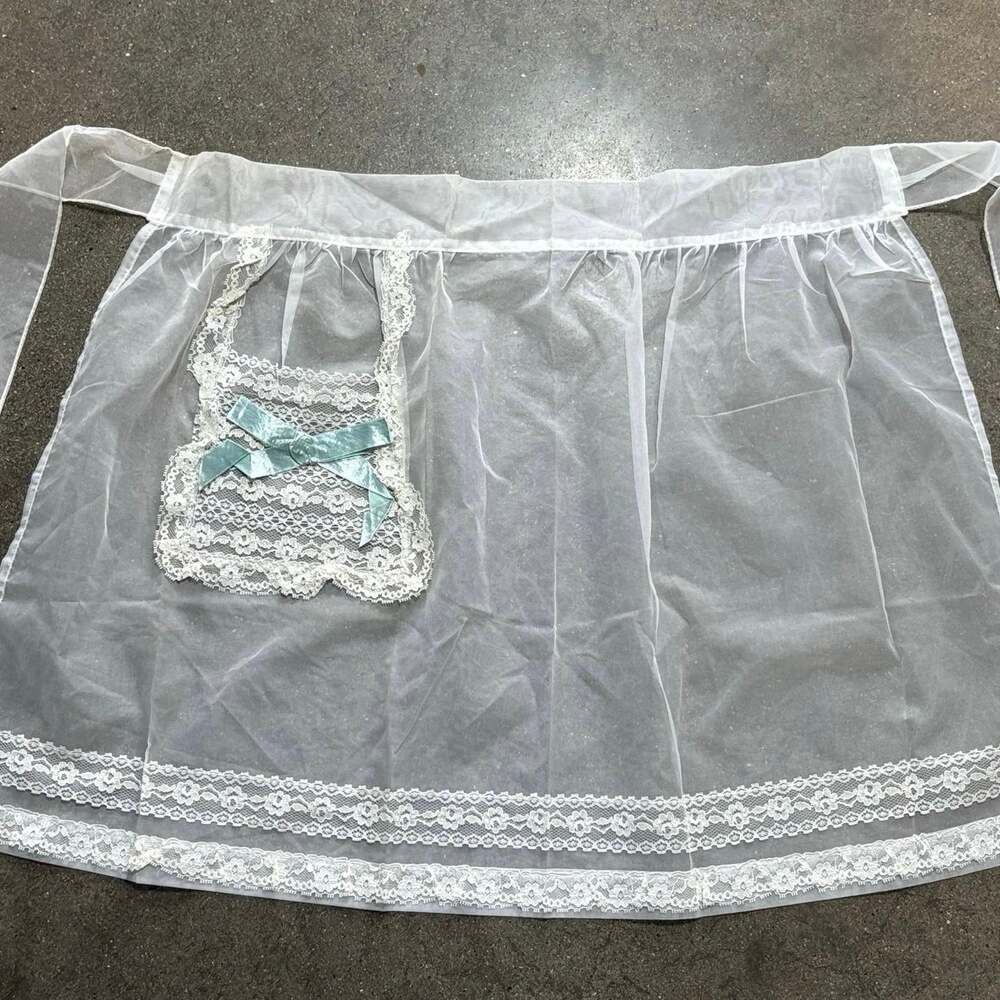 Vintage 1950s Sheer White Lace Half Apron Blue Velvet Bow Hostess Cottagecore
